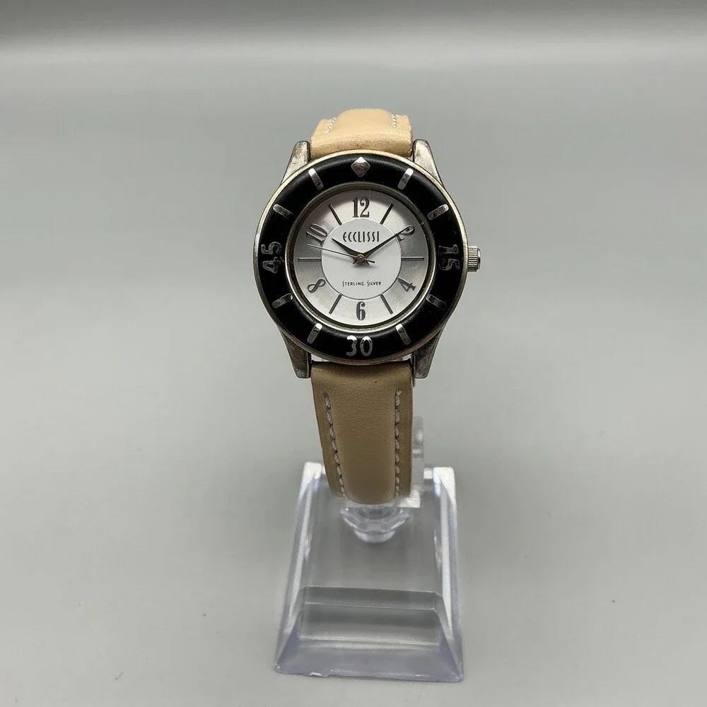 Ecclissi Womens Watch 33mm Sterling Silver Black Beige Leather 23515 New Battery